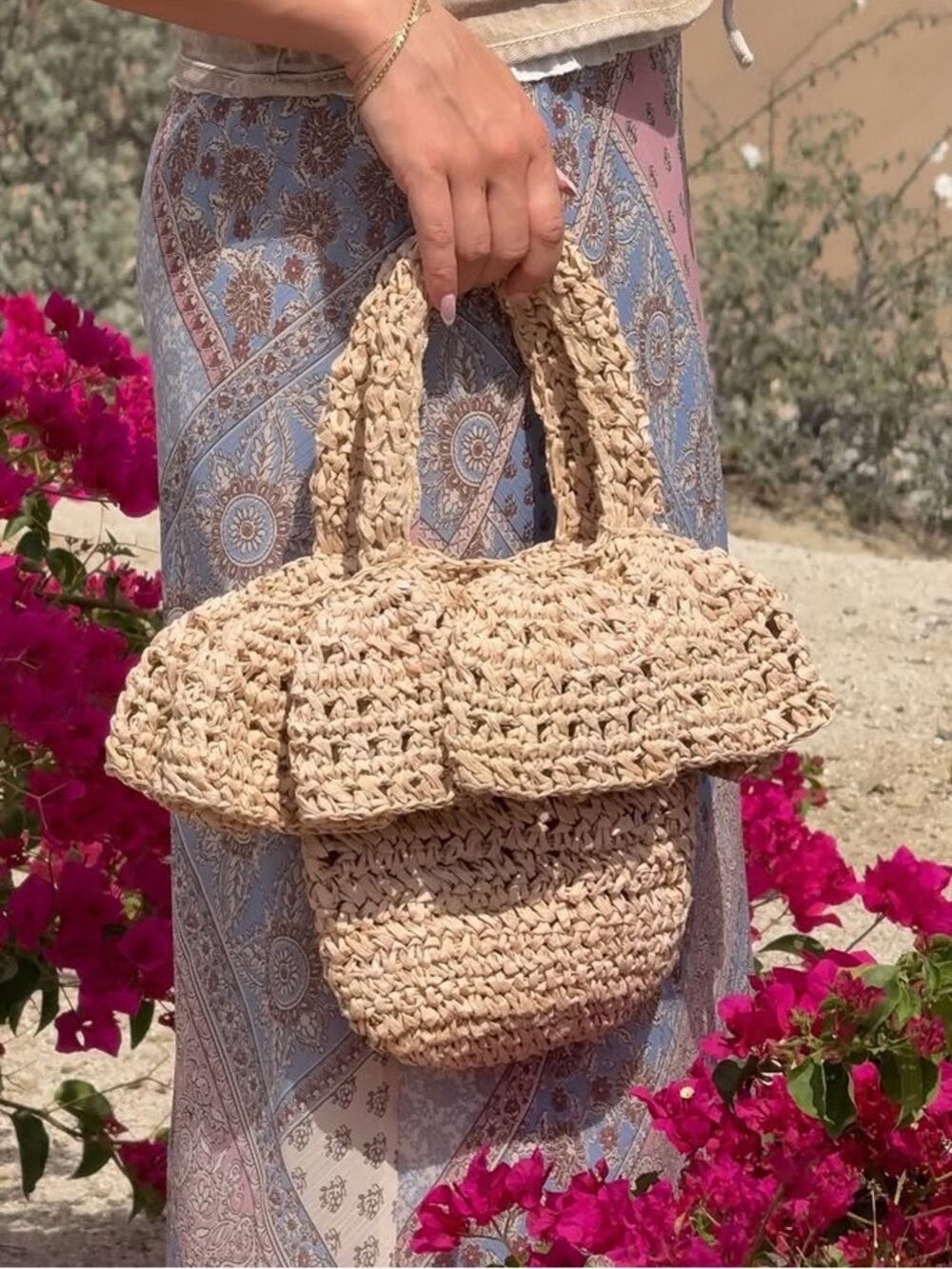 LOFT Raffia Straw Ruffle Woven Basket Tote Bag Neutral Summer Beach Vacation